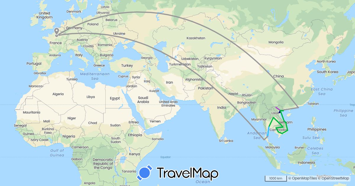 TravelMap itinerary: driving, bus, plane, train, boat in France, Cambodia, Laos, Thailand, Vietnam (Asia, Europe)